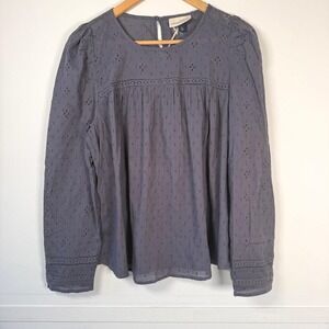 Universal Thread Womens Gray Eyelet Puff Sleeve Embroidered Blouse Top XL